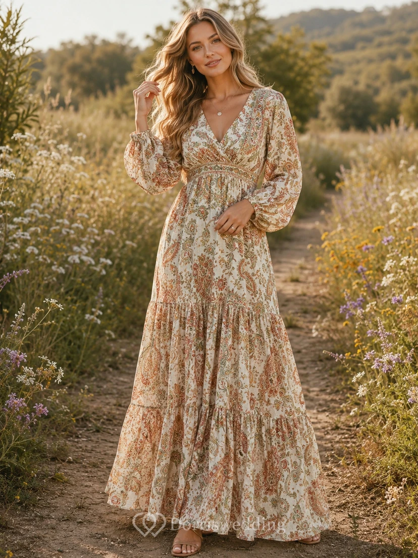 Beige Paisley Print V-Neck Long Sleeve Boho Maxi Dress