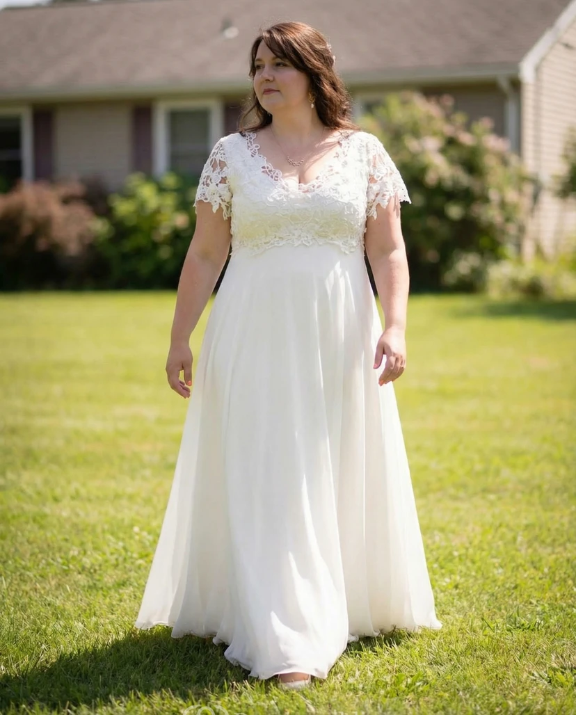 Kurzärmeliges Brautkleid aus Spitze mit V-Ausschnitt und kurzen Ärmeln