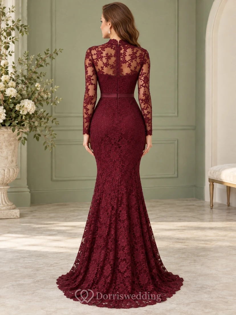 Vestido de noche formal de encaje burdeos, largo hasta el suelo, cuello alto, manga larga, corte sirena view 2