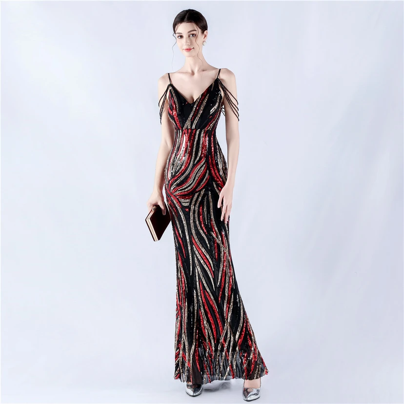Sequined Striped Color Matching Slim Dinner Host Suspender Long Dress For Women view 14