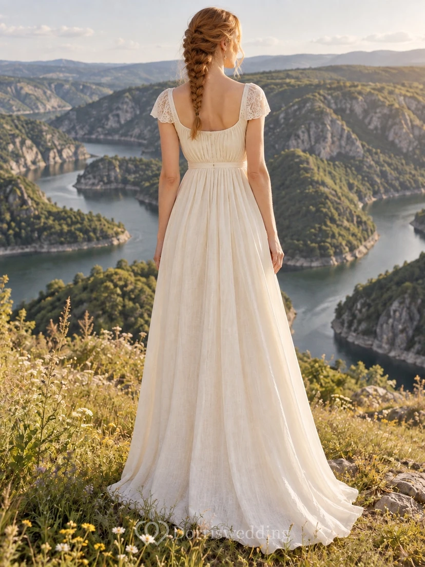 Vestido de novia sencillo de corte A, largo hasta el suelo, con escote redondo, mangas cortas tipo casquillo y corpiño fruncido. view 2