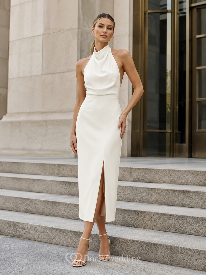 Satin Halter Slit Sheath Floor-length Elopement Formal Dress