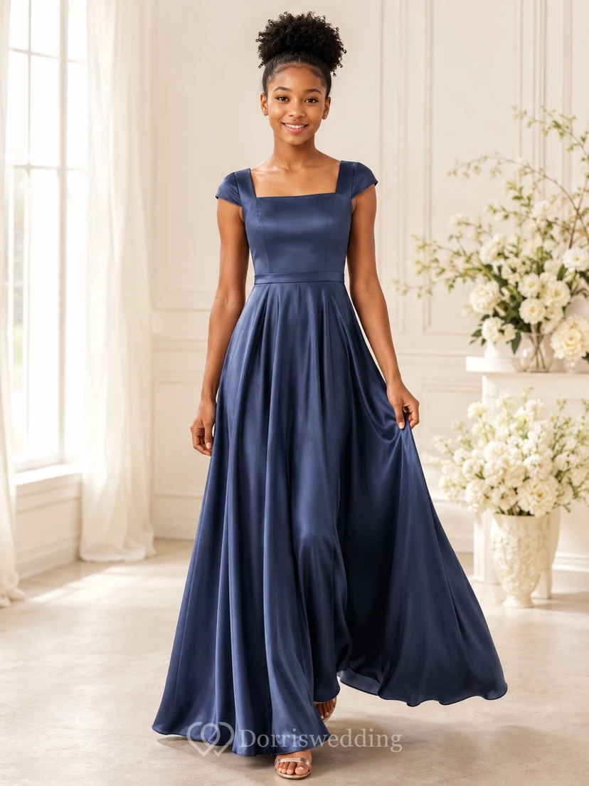 Dark Navy Junior Bridesmaid Dress A-Line Square Short Cap-Sleeve Satin Elegant Modern