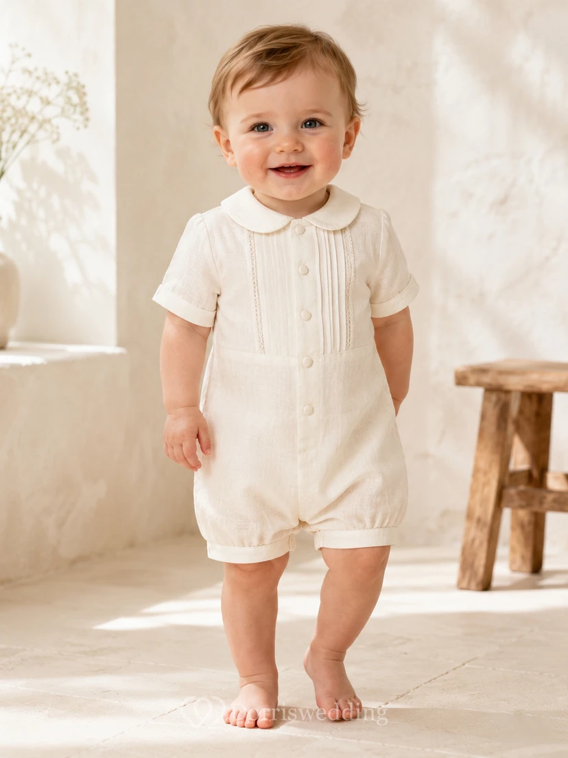 Ivory Vertical Pintuck Peter Collar Short Christening Romper for Baby Boy