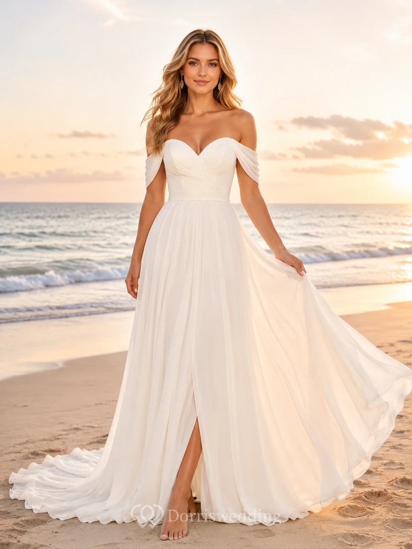 Beach Chiffon Tulle Wedding Dress A-Line Off Shoulder Sweep Train with Slit Bridal Gown