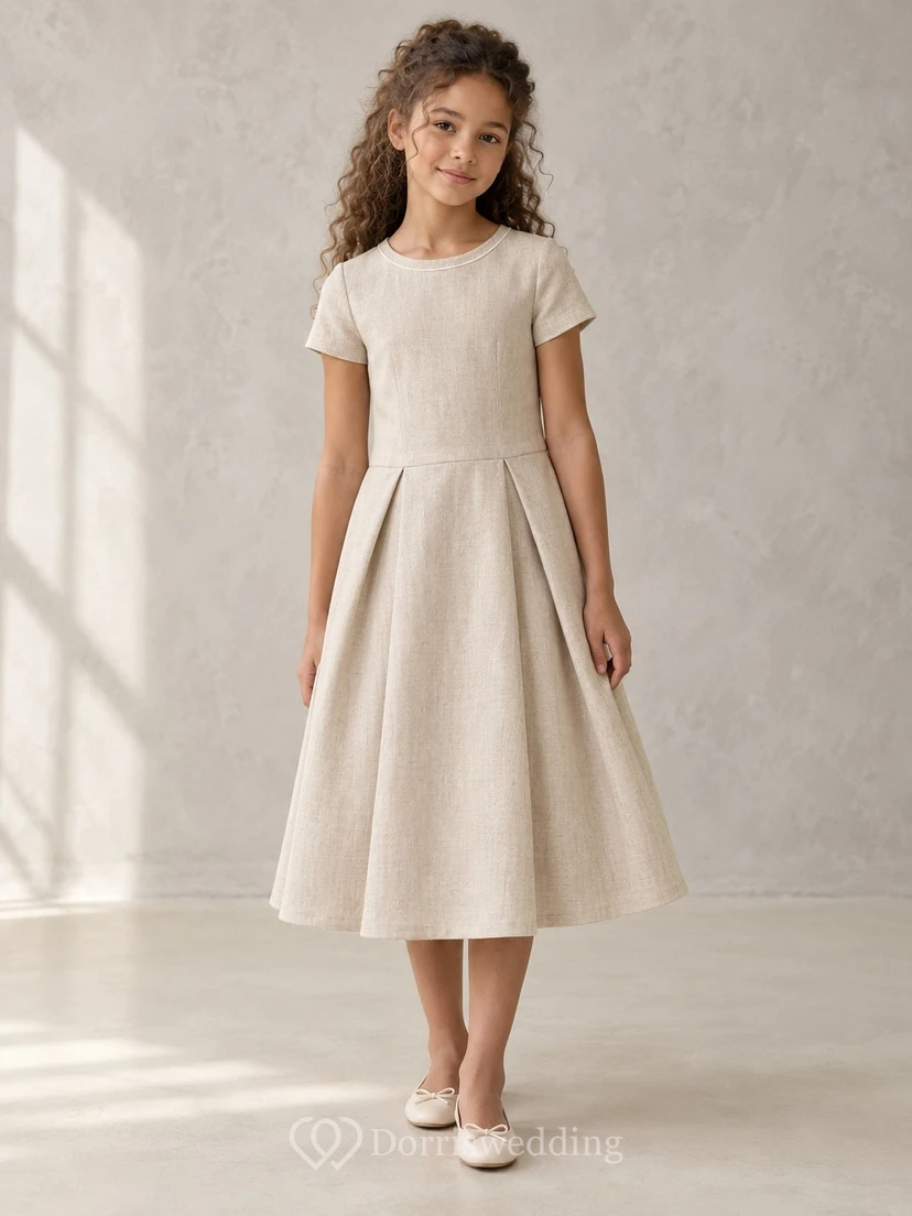Modest Simple Sand Tea-length Dropped Waist Compact Short Sleeve Full Flower Girl Dress