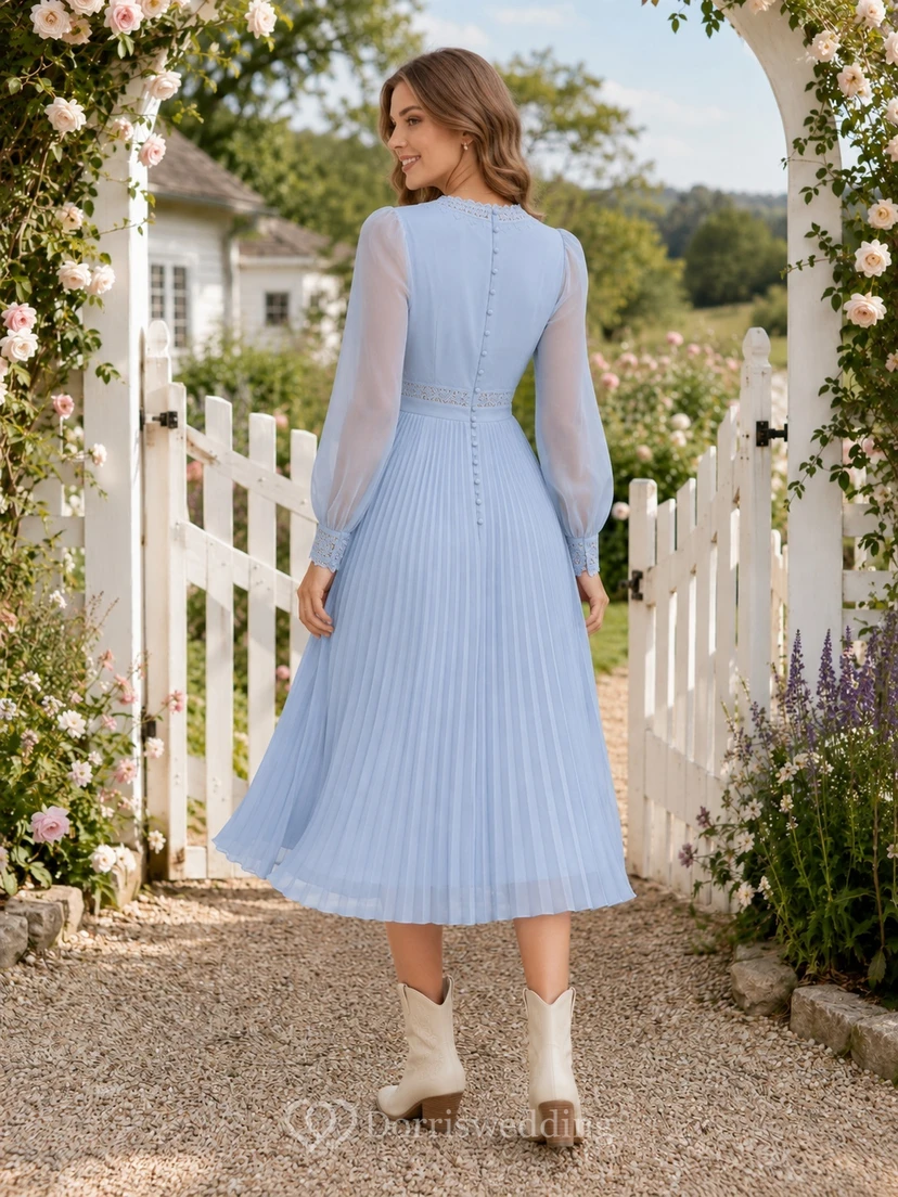 Sky Blue Pleated V-Neck Long Sleeve A-Line Tea-Length Country Vintage Dress view 2
