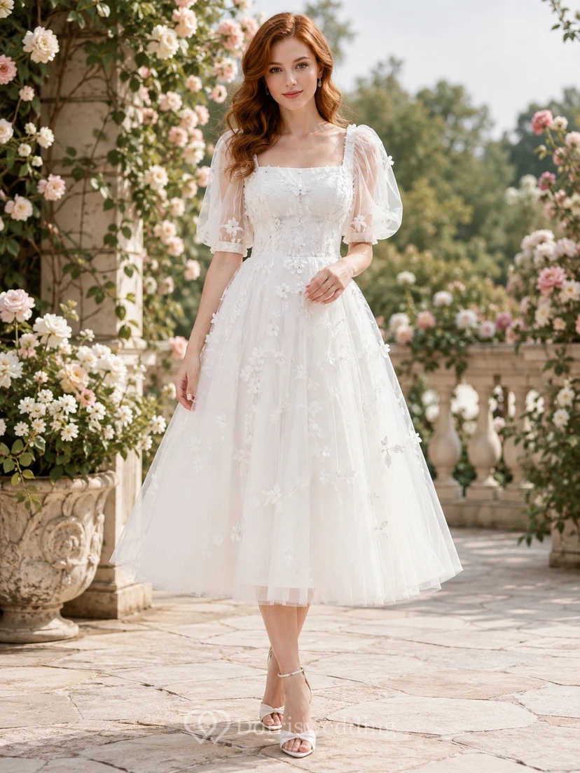 Robe de soirée blanche à col carré, manches bouffantes courtes et application florale, coupe trapèze, longueur thé, manches bouffantes courtes et encolure carrée