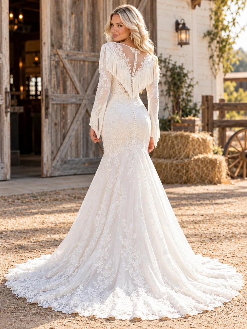 Western Country High-low Long Sleeve Mermaid Fringe Lace Wedding Dress view 2