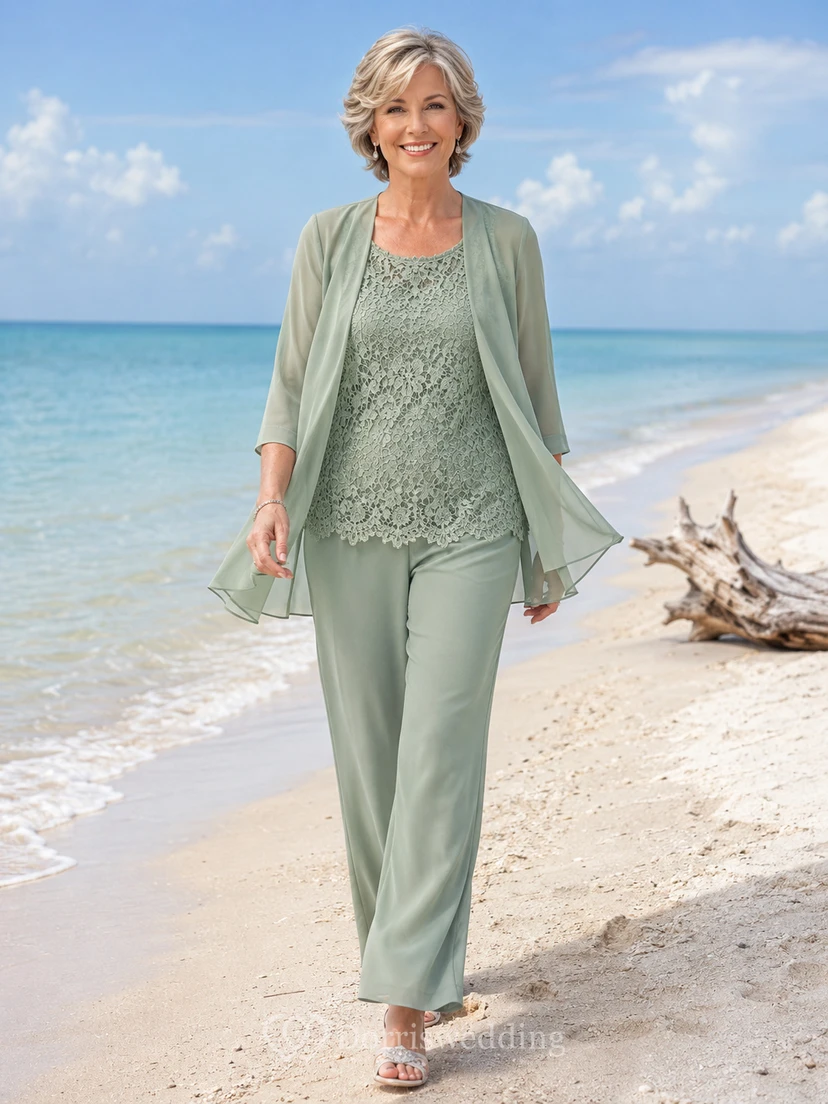 Sage Romantic Scalloped-Lace Tunic Tapered Mother of the Bride Pantsuit with Three-Quarter Chiffon Jacket and Ankle Trousers