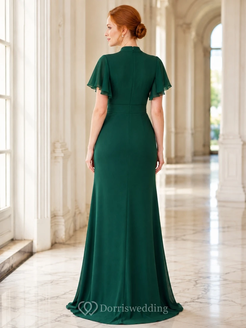Dark Green Flutter Sleeve High Neck Ruched Sheath Floor-length Formal Dress view 2