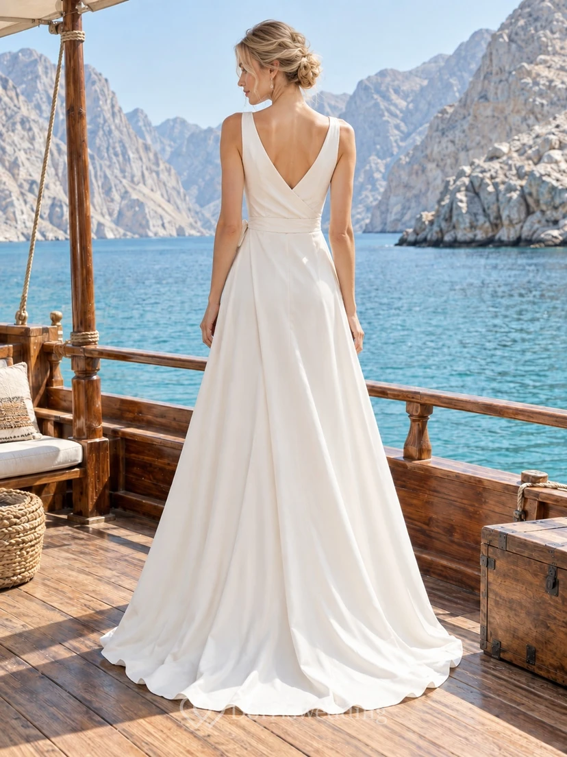 Vestido de novia sencillo de gasa sin mangas con escote en V cruzado y abertura view 2