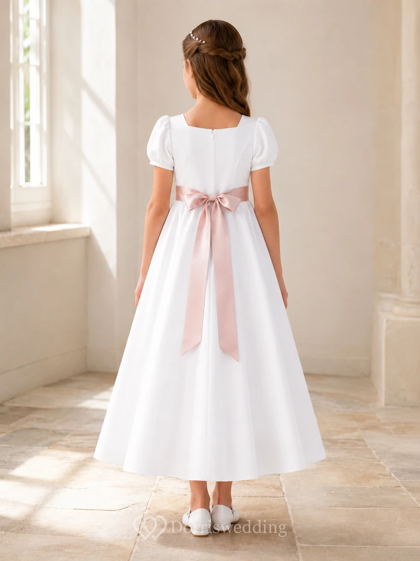 Robe de communion en satin à col carré et manches bouffantes, longueur cheville, col carré et manches bouffantes view 2