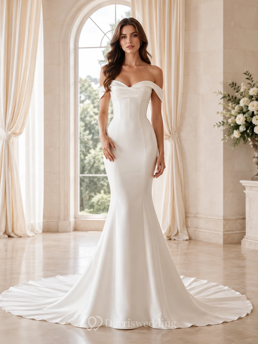 Modern Satin Off shoulder Short Mermaid Sweep Pleats Classic Reception Wedding Dress
