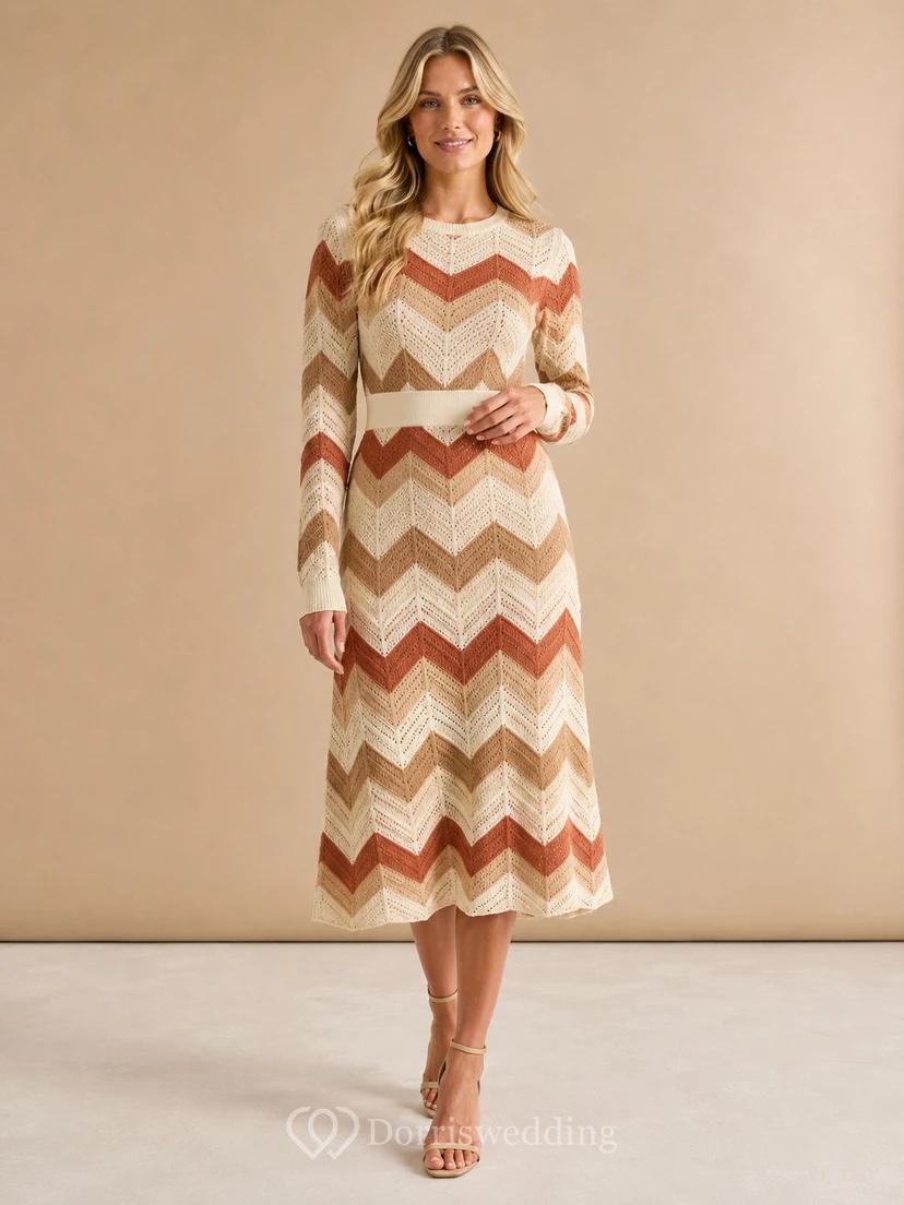 Rust Chevron Print V-Neck Long Sleeve Knit Midi Dress