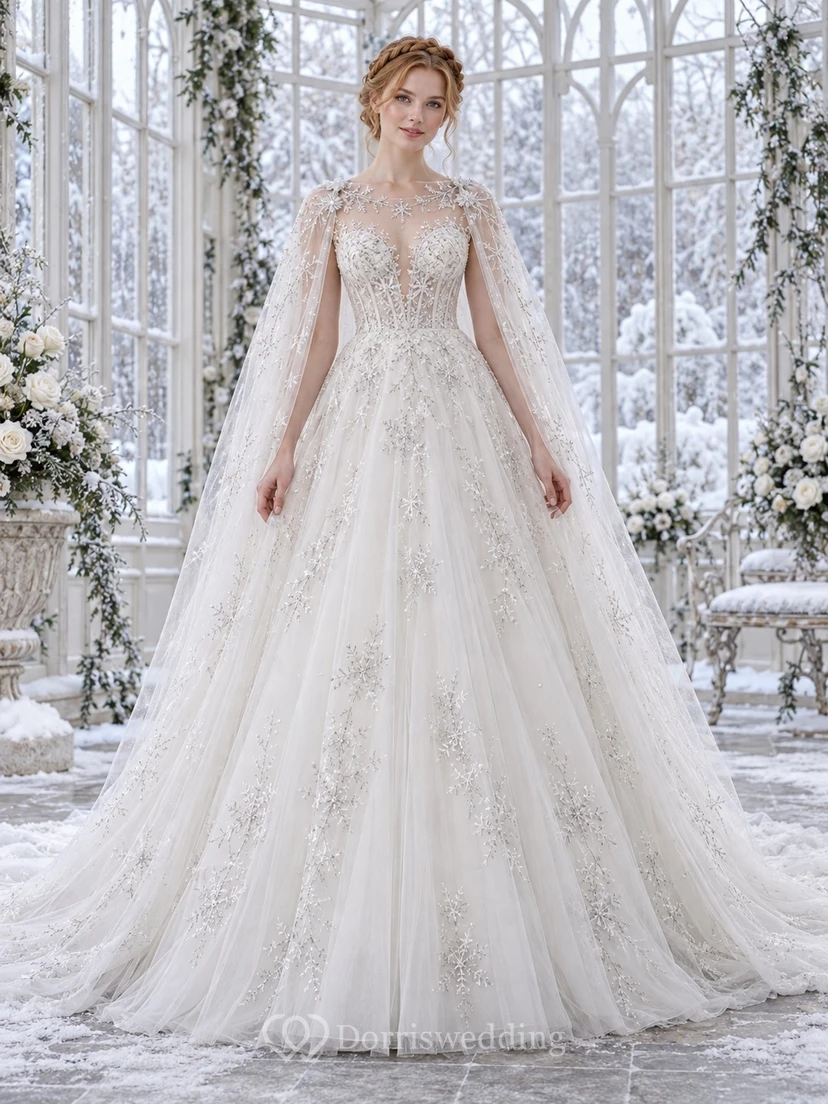 Vestido de novia de invierno con cuello joya transparente y capa bordada con copos de nieve, corte A