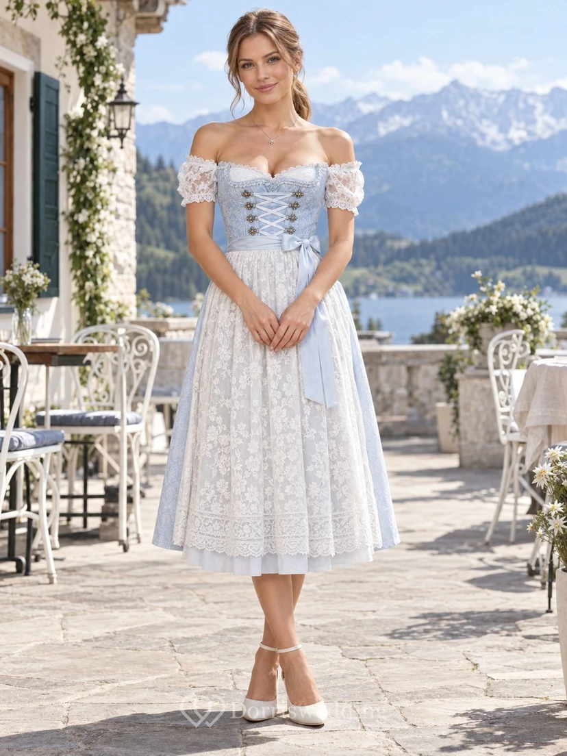 Vintage Country Dirndlkleid in Himmelblau, schulterfrei, Spitze, Teelänge