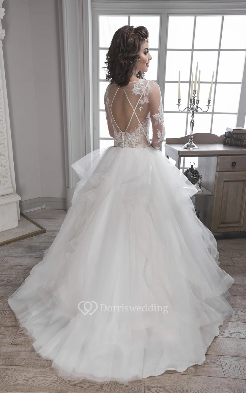 Ball Gown Long Scoop Illusion-Sleeve Keyhole Tulle Dress With Appliques And Ruffles view 3