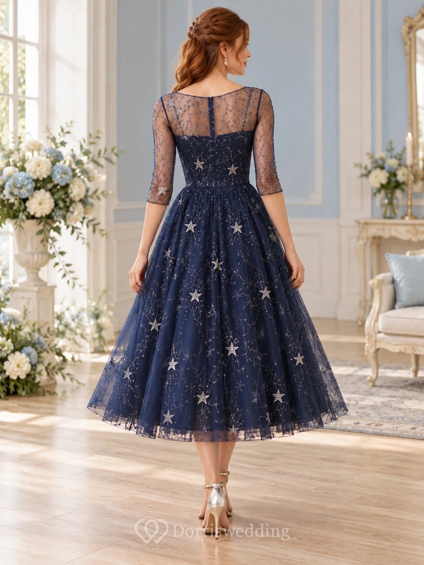 Dark Navy Star Embroidered Illusion Elbow Sleeve Tea-length Dress view 2