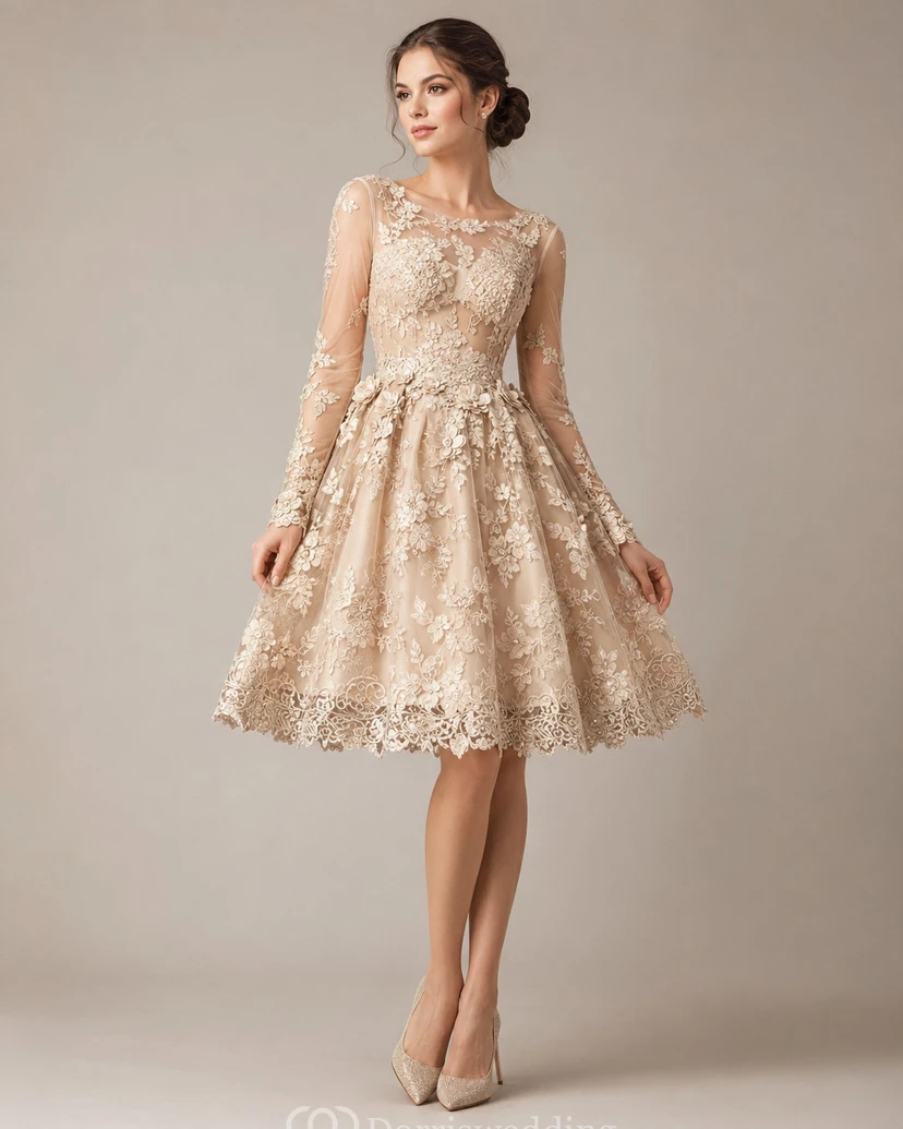 Zartes, ruyalblaues Applikations-Abendkleid mit langen Ärmeln view 11