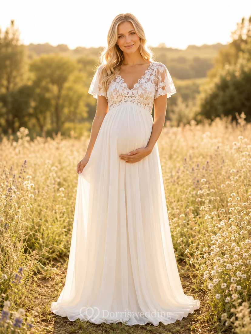 Robe de mariée de maternité à col en V et manches courtes en dentelle, style champêtre