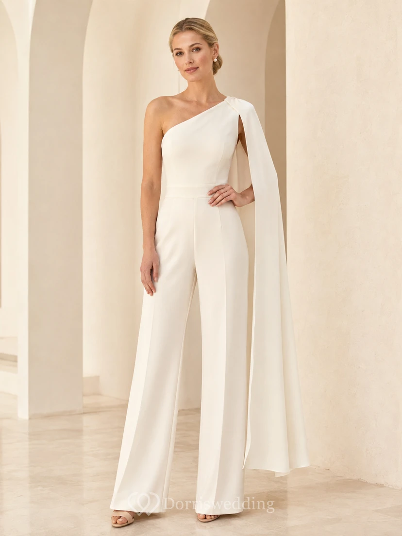 Mono formal moderno blanco de un solo hombro con capa, pierna ancha y elegante.