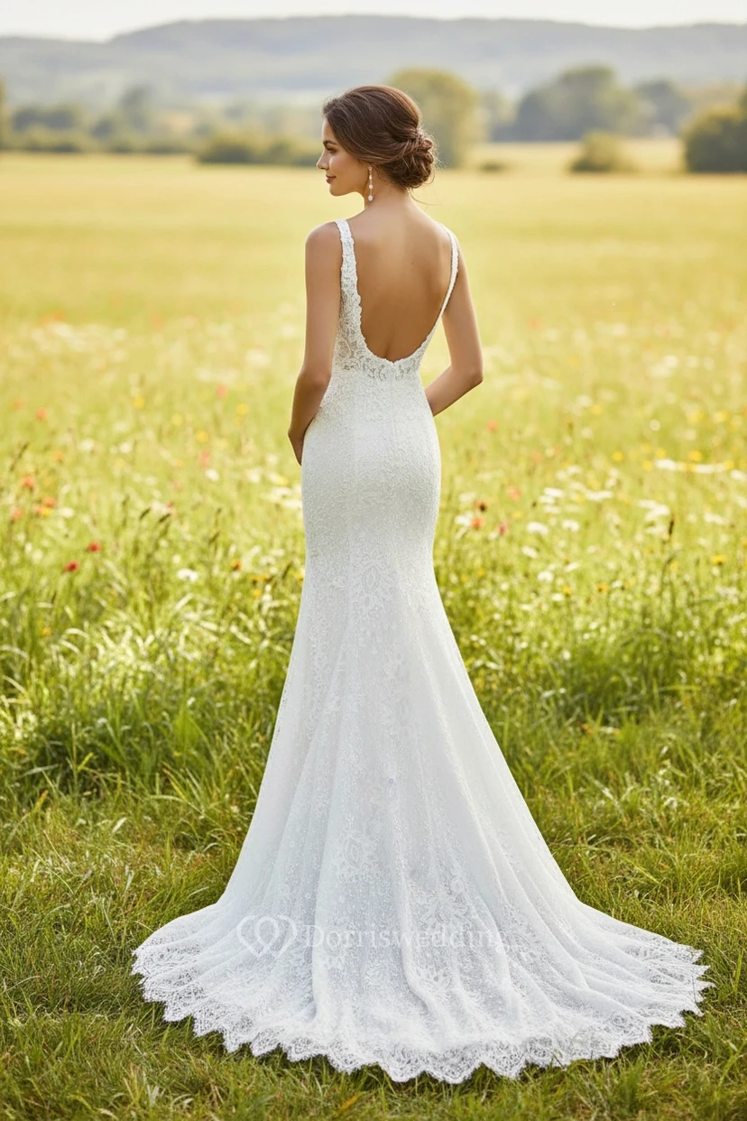 Floral Lace Mermaid Wedding Dress V-Neck Sleeveless Fitted Trumpet Bridal Gown with Train view 2