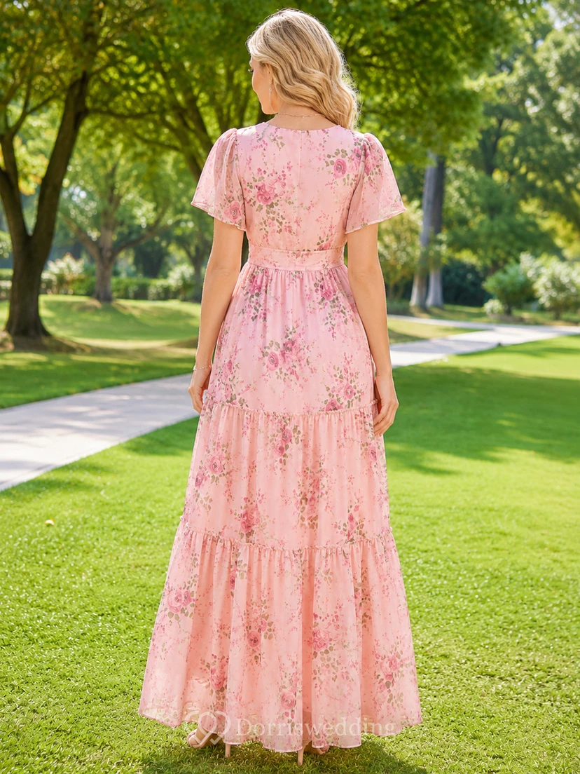 Pink floral V-neck flutter sleeve tiered park maxi dress view 2