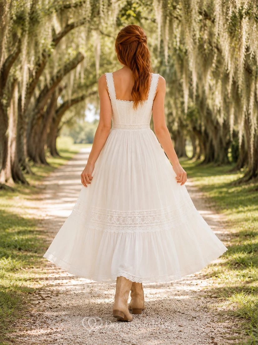 Southern Country Simple Casual Vintage A-Line Lace Tulle Wedding Dress with Square Neck Sleeveless Tea-Length Tiered Low Back view 2