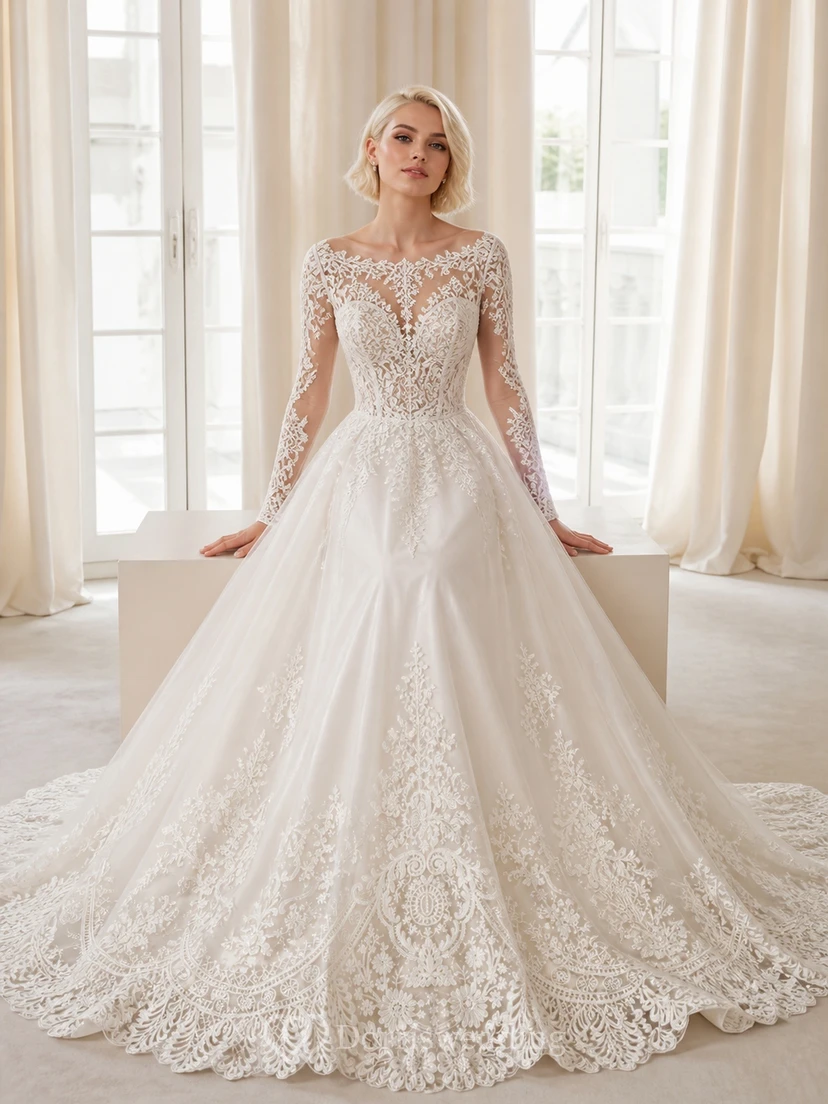 Vestido de novia de lujo estilo catedral, de manga larga, con encaje floral y corte princesa.