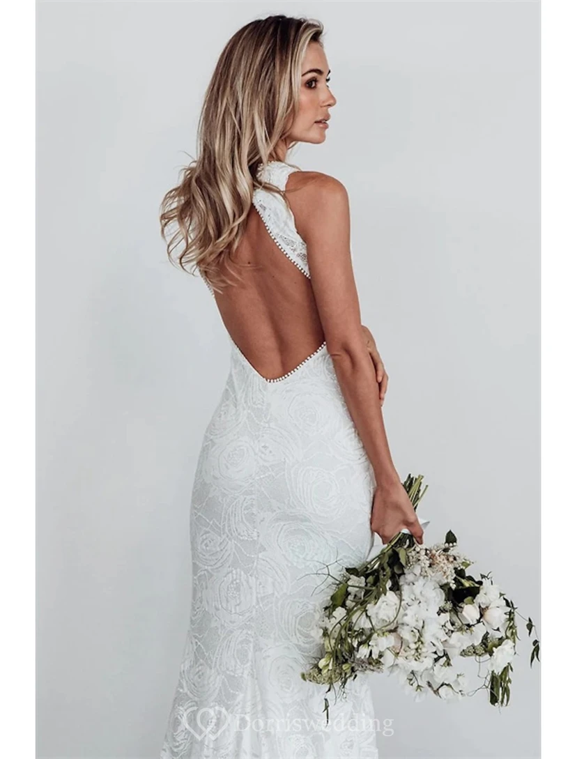 Modern Halter Lace Wedding Dress with Front Slit view 4
