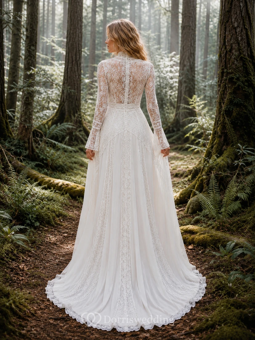 Boho-Hochzeitskleid aus Waldspitze mit hohem Kragen und langen Ärmeln view 2