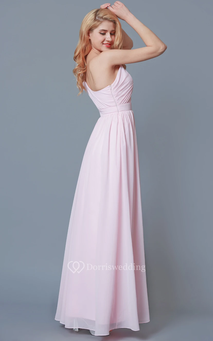 Simple Knotted One Shoulder Long Chiffon Dress With Pleats view 5
