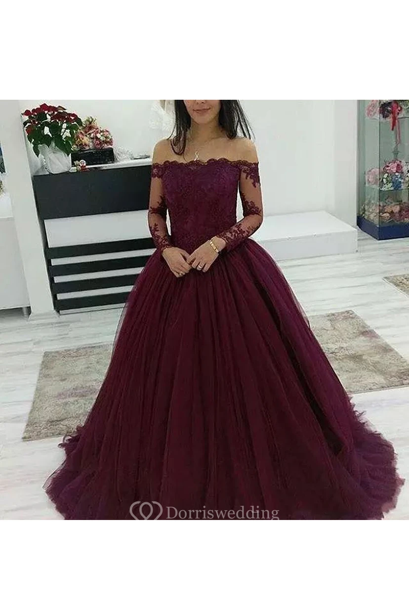 Off-the-shoulder Long Sleeve Sweep Train Tulle Ball Gown Dress