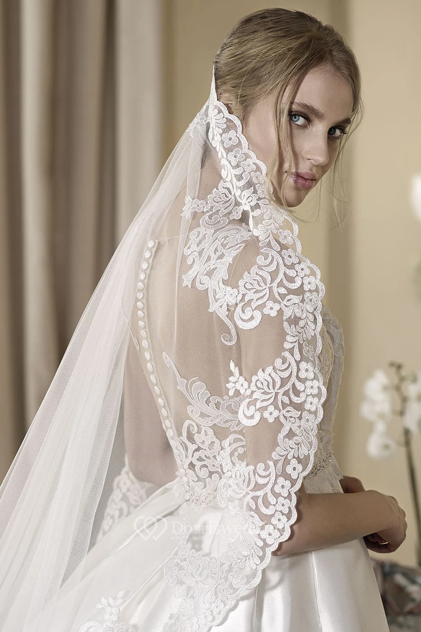 Ball Gown Floor-Length Appliqued V-Neck Sleeveless Satin Wedding Dress view 3