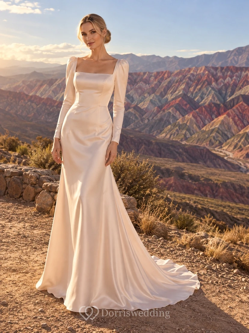 Vestido de novia de satén color rosa empolvado con escote cuadrado y corte sirena, manga larga y corpiño ajustado liso.