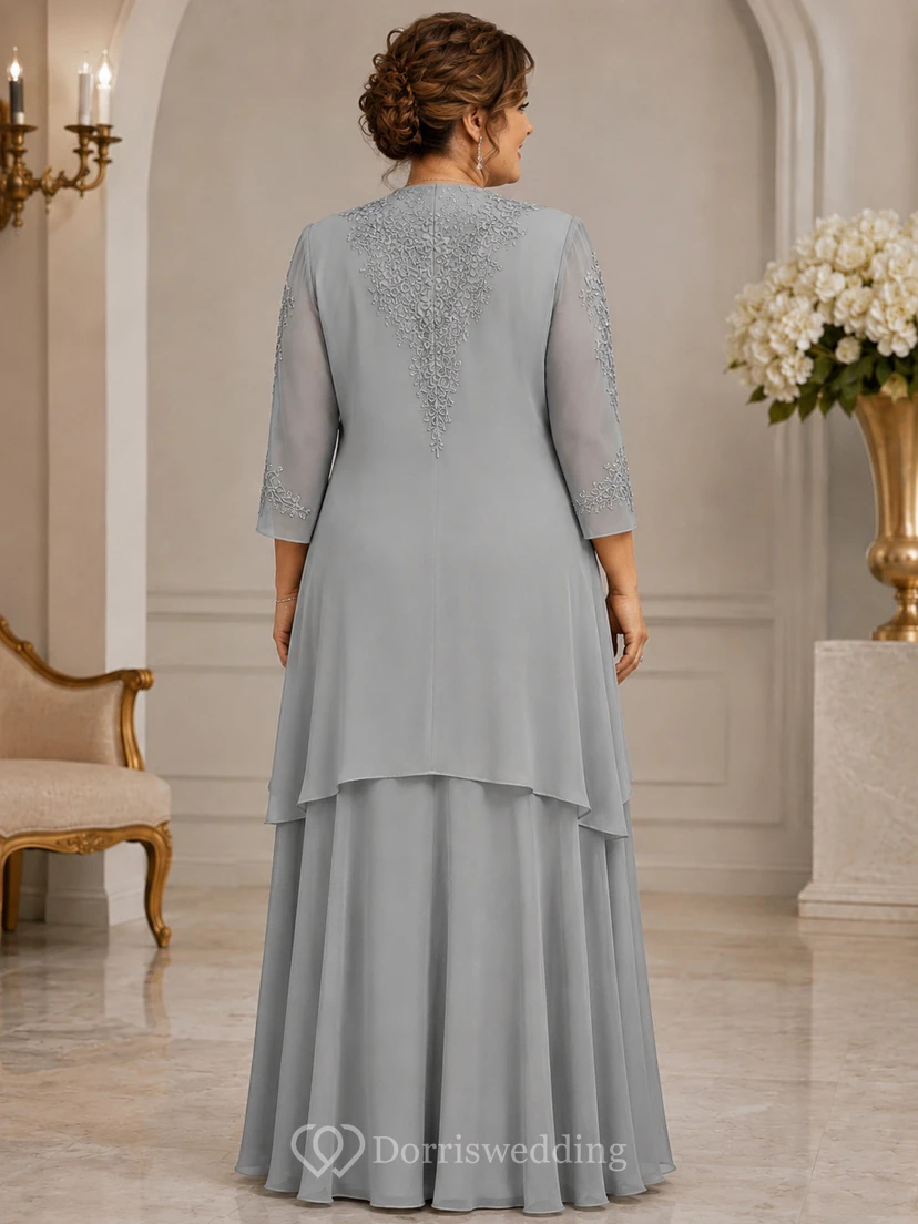 Steel Grey Mother Dress with Jacket Steel Grey Square A-Line Floor-length view 2