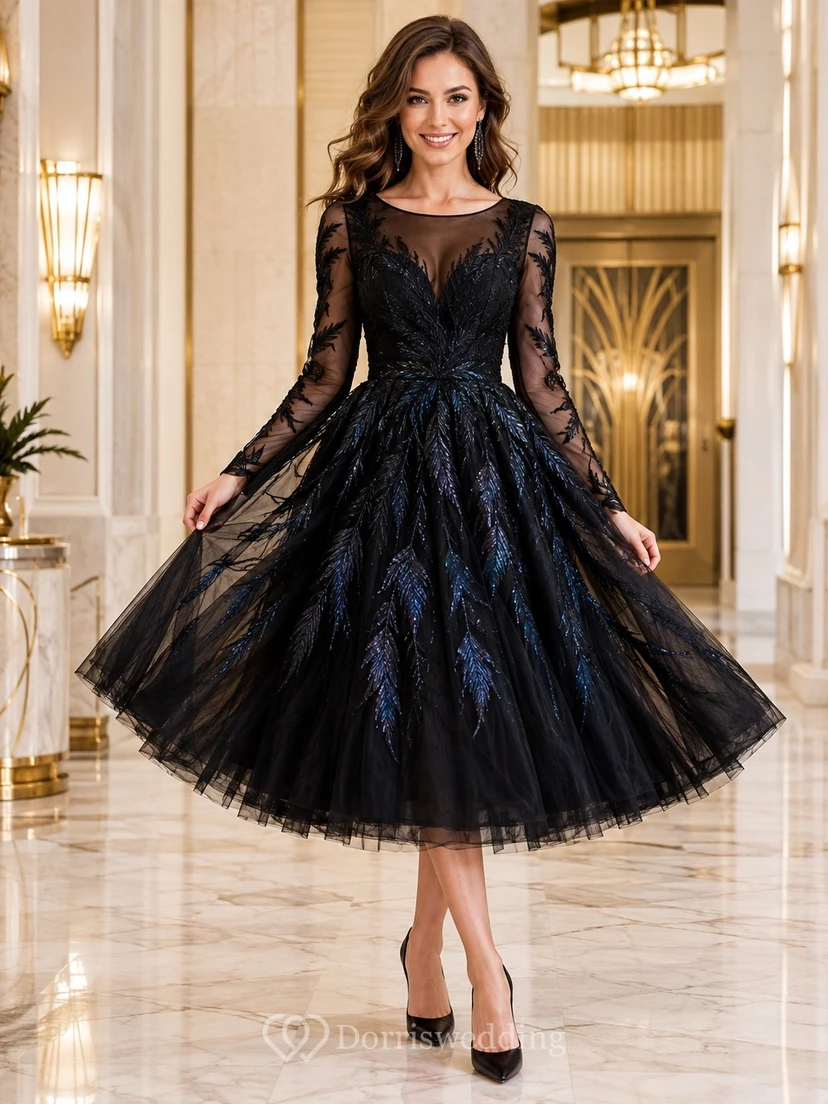 Black Gothic Lace V-neck Illusion Long Sleeve Tulle A-line Tea-length Dress