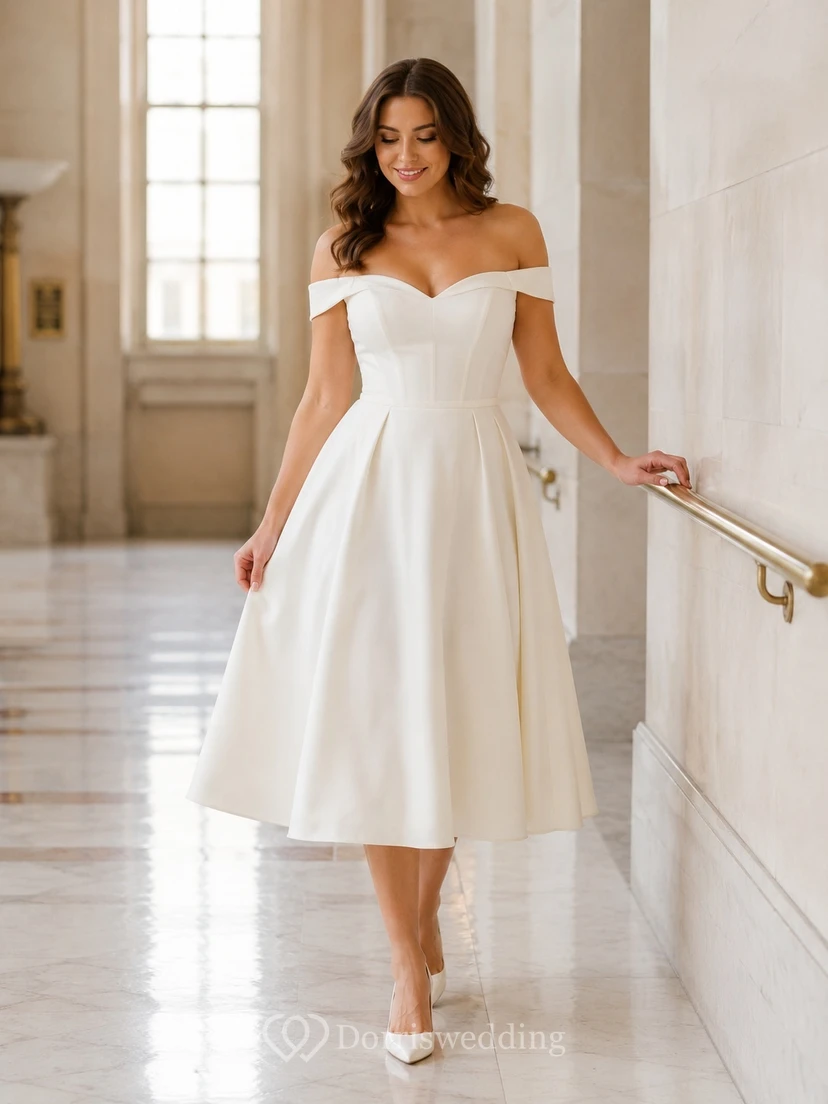Standesamtliches Satin-Brautkleid mit schulterfreiem Ausschnitt, A-Linie und Teelänge, schlicht und modern