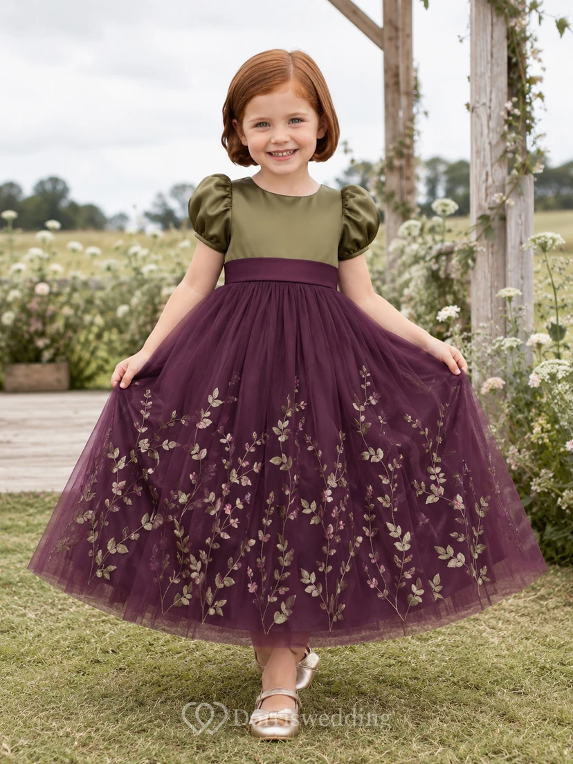 Flower Girl Dress A-Line Burgundy Olive Floral Tulle Puff Sleeve Party
