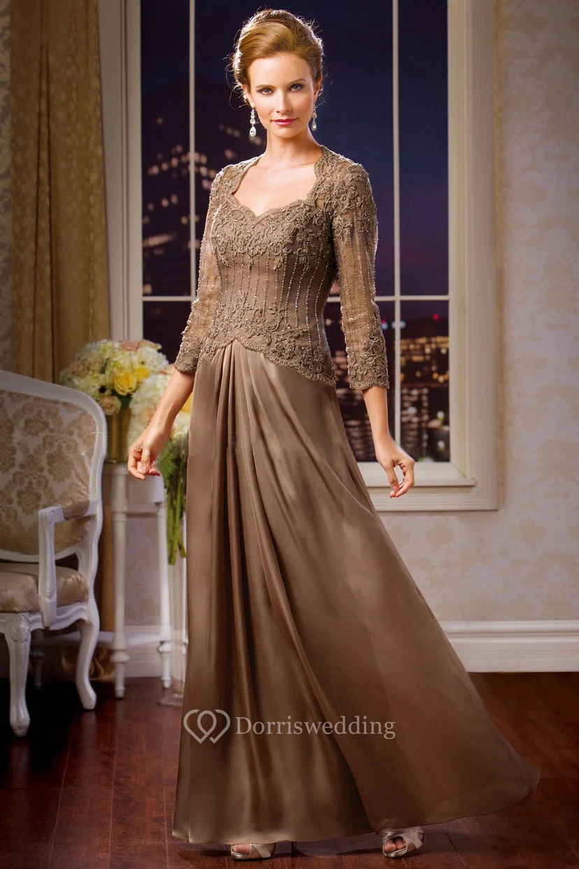3-4 Sleeved Long Mother Of The Bride Dress With Keyhole Back And Beadings