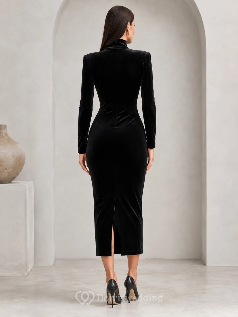 Black High Neck Long Sleeve Velvet Pencil Midi Dress view 2