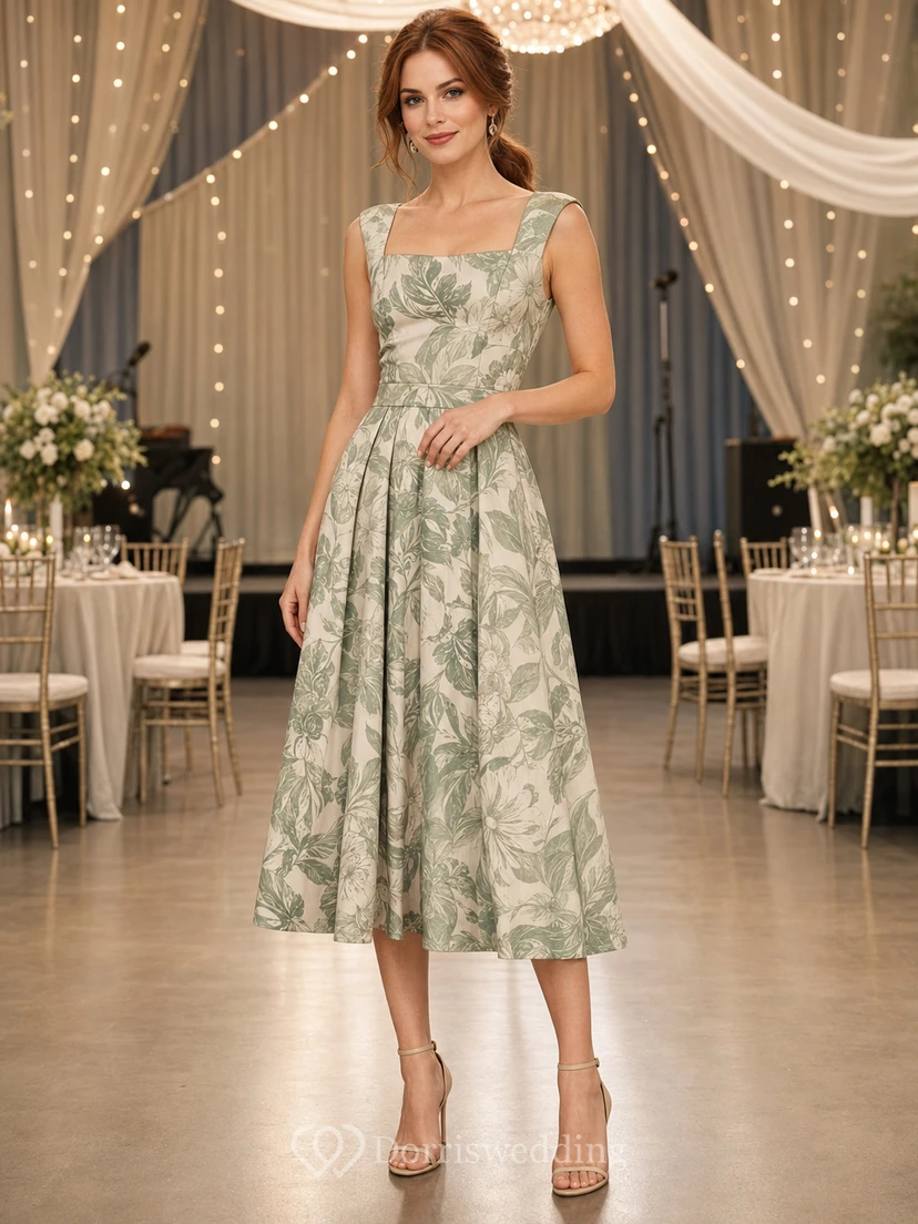 Sage Floral Square Neck A Line Fundraiser Midi Dress