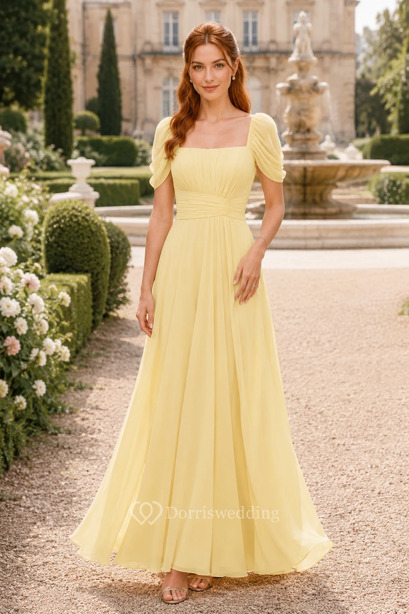 Daffodil Chiffon-Abendkleid mit eckigem Ausschnitt und A-Linien-Schnitt