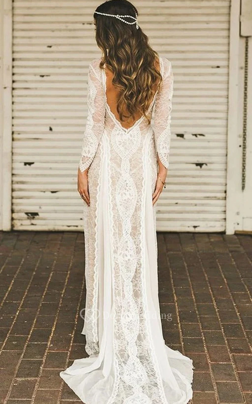 Vestido de novia bohemio de manga larga con encaje | Vestido de novia blanco para fuga romántica estilo western bohemio | Vestidos de novia civiles view 4