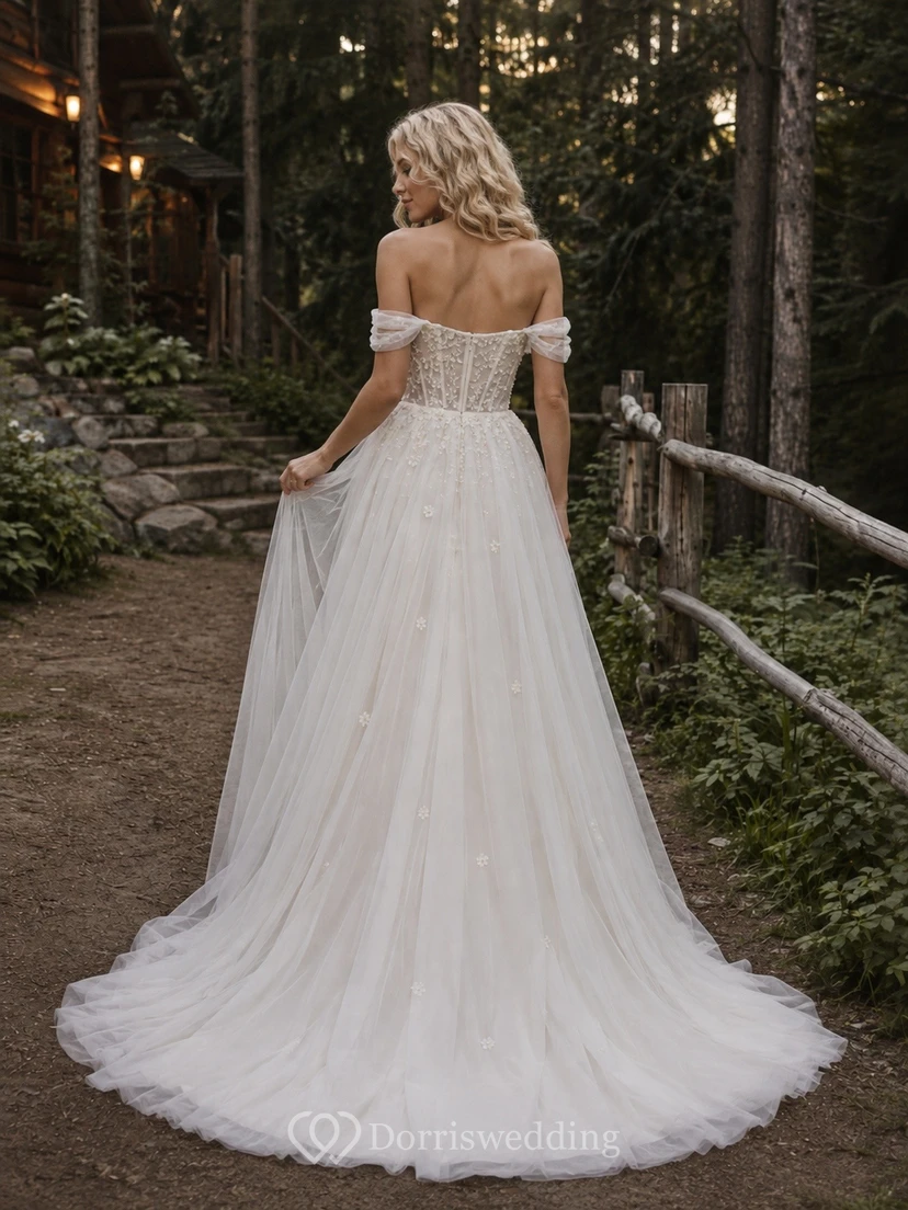Vestido de novia rústico de corte A con hombros descubiertos y largo hasta el suelo de tul, ideal para fugarse. view 2