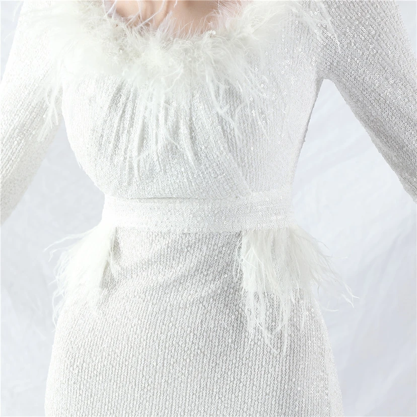 Craft-Made Ostrich Feather Long-Sleeved Beads Evening Dress view 10