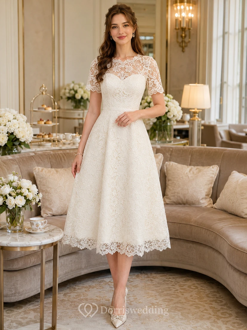 Vestido de noche de largo midi con encaje color marfil y escote barco.