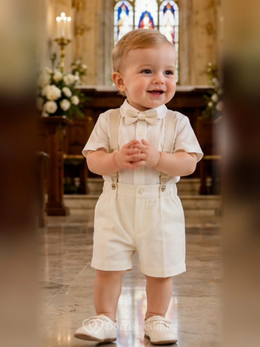 Ivory Bow Tie Vest Short Formal Christening Outfit for Baby Boy