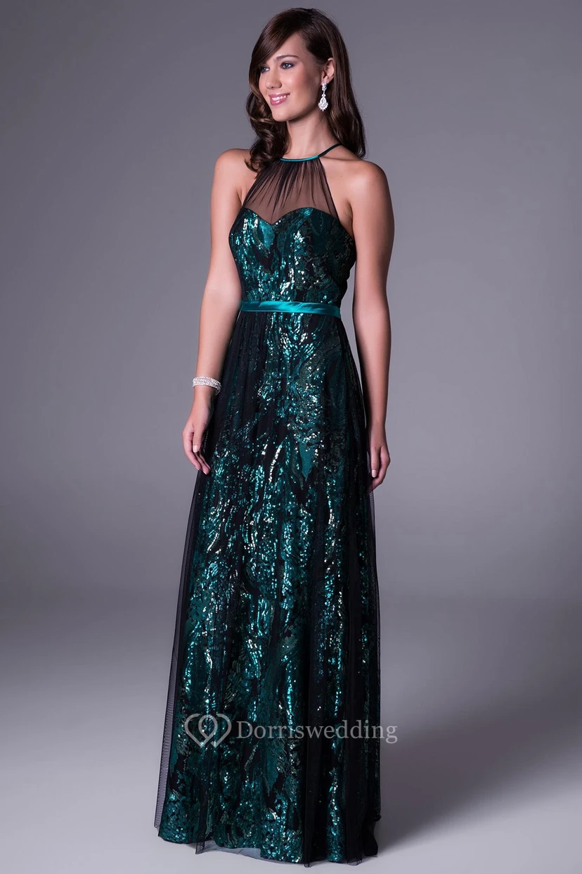 Ärmelloses, bodenlanges Pailletten-Abendkleid in A-Linie mit Rundhalsausschnitt